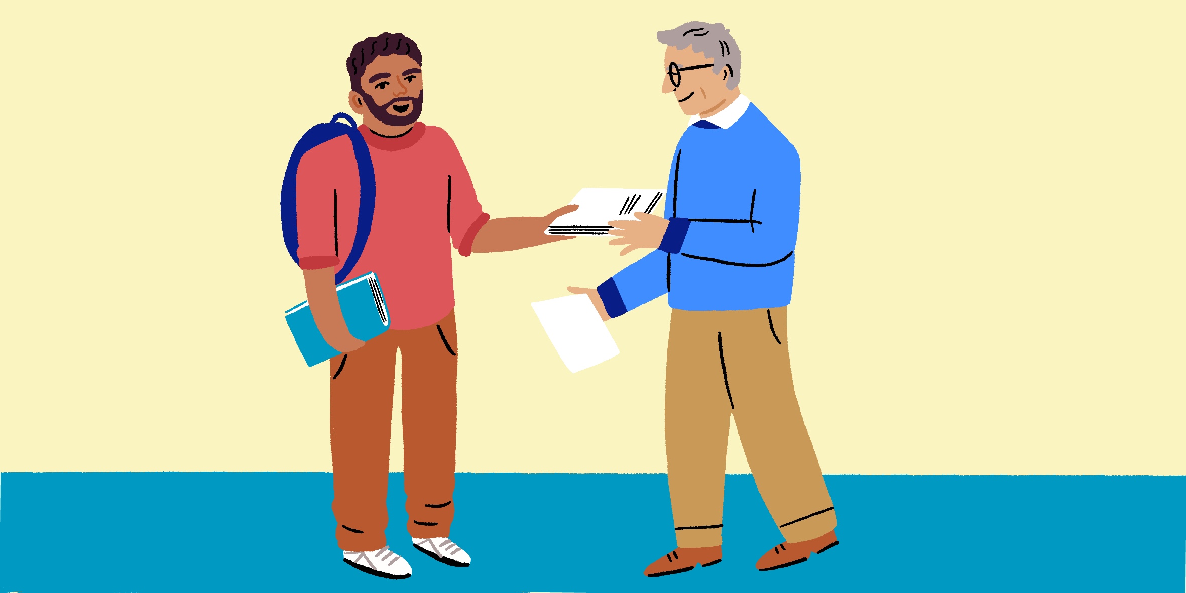 Student with backpack hands an assignment to an instructor, representing academic integrity and avoiding plagiarism.